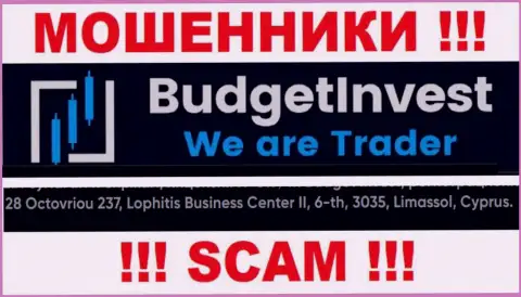 Не имейте дело с компанией Буджет Инвест - данные интернет-мошенники отсиживаются в офшоре по адресу - 8 Octovriou 237, Lophitis Business Center II, 6-th, 3035, Limassol, Cyprus