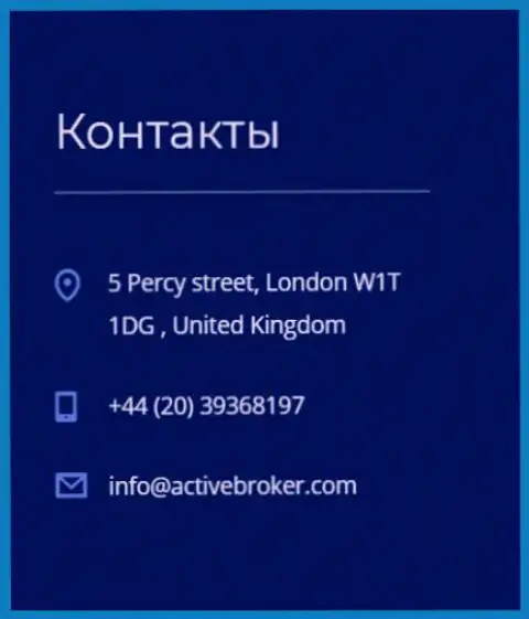 Адрес главного офиса Forex дилера Актив Брокер, показанный на официальном сайте данного Форекс дилера