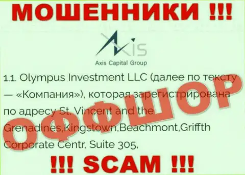 Юридический адрес шулеров Axis Capital Group в оффшорной зоне - St. Vincent and the Grenadines, Kingstown, Beachmont, Griffth Corporate Centr, Suite 305, эта инфа приведена у них на официальном web-портале