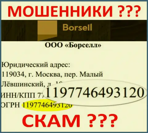 Регистрационный номер неправомерно действующей компании Borsell Ru - 1197746493120