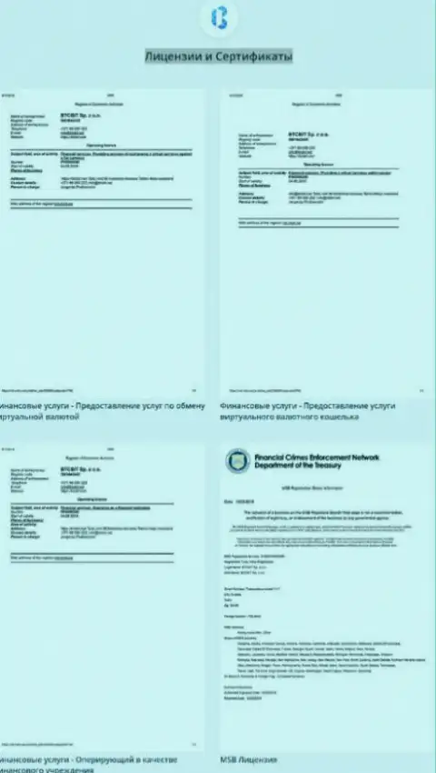 Лицензии и сертификаты, которыми владеет обменник БТК Бит