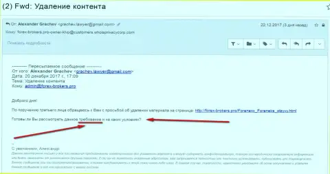 Мошенники Форенекс предъявляют требования, чтобы удалить информацию с форекс-брокерс.про