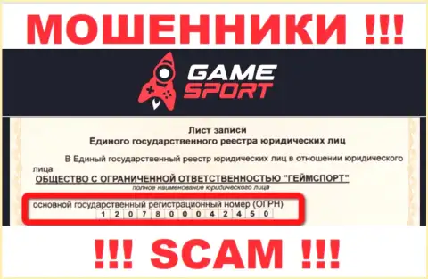 Номер регистрации конторы, которая владеет Game Sport - 1207800042450