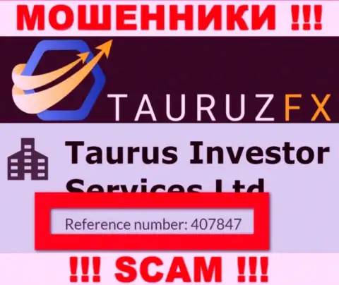 Регистрационный номер, принадлежащий преступно действующей организации Tauruz FX: 407847
