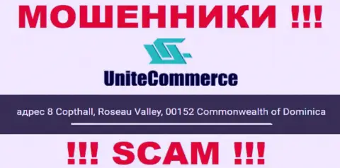 8 Copthall, Roseau Valley, 00152 Commonwealth of Dominica - это офшорный официальный адрес Unite Commerce, указанный на сайте указанных разводил