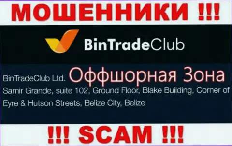 На официальном сайте Bin Trade Club представлен адрес этой компании - Samir Grande, suite 102, Ground Floor, Blake Building, Corner of Eyre & Hutson Streets, Belize City, Belize (оффшор)