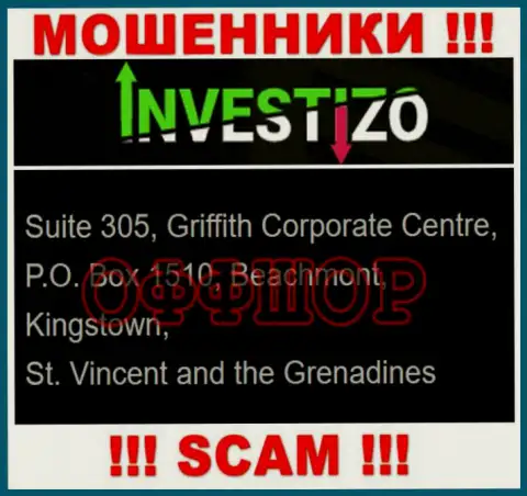 Не работайте с internet-мошенниками Investizo - ограбят ! Их адрес регистрации в офшорной зоне - Suite 305, Griffith Corporate Centre, P.O. Box 1510, Beachmont, Kingstown, St. Vincent and the Grenadines